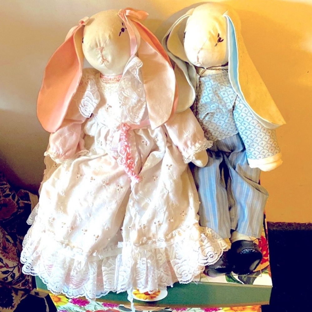 Vintage Mr.& Mrs. Peter Cotton Tall 🐰 🐇 Cloth Stuffed Rabbit Dolls Set 🐰🐇 1970’s